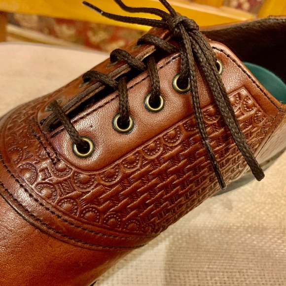 HS Trask Bozeman Montana Bronc brown leather emboss saddle oxfords shoes Sz 10.5 - Picture 5 of 10